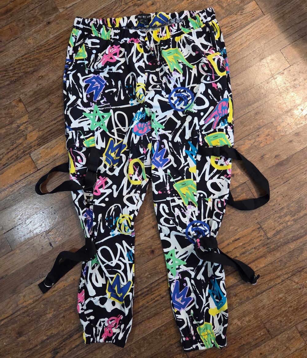 Body By Us 2XL Baggie Hip Hop Stretch Pants Graffiti Cargo Straps Parachute